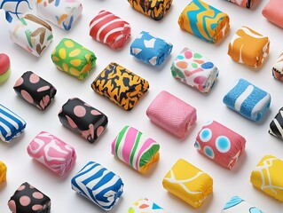 Poster - A flat design featuring a collection of assorted 3D rendered candy wrappers with vibrant geometric patterns and textures displayed on a clean white backdrop  The image showcases the colorful modern