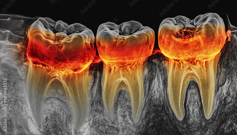 Mri Infected Tooth MRI image of teeth with highlighted inflamed areas. The tissues around ...