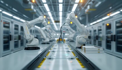 Poster - Futuristic factory interior with robotic arms working efficiently on a production line. Automation and technology in action.