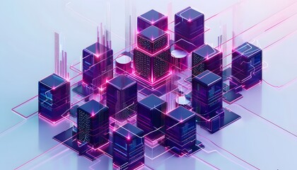 Poster - Futuristic cityscape with glowing buildings and digital connections, representing advanced technology and innovation in urban design.