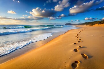 Sandy beach with footprints leading to ocean and fluffy clouds