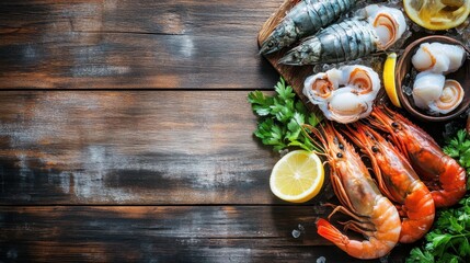 free space topview seafoods and ingredient concept on wooden background