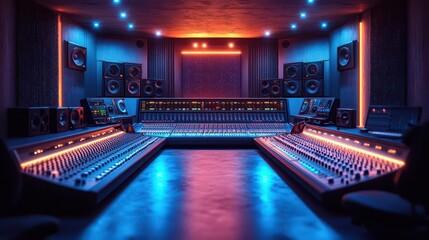 hightech recording studio control room sleek mixing console with glowing led displays wall of speakers and monitors moody lighting with blue accents stateoftheart audio equipment