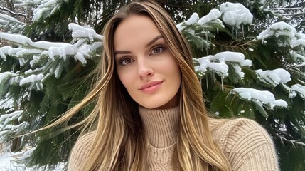 Wall Mural - a girl with long brown hair in front of snow-covered trees