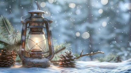 Poster - A vintage lantern glowing softly in the snow