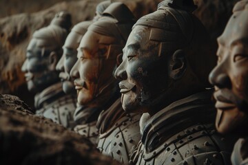 Poster - A row of statues depicting men with distinct facial features, ideal for use in editorial or educational contexts