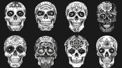 Poster - Six colorful sugar skulls sit on a dark background, perfect for Halloween or Day of the Dead celebrations