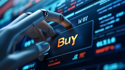 Poster - A robot hand pressing a digital trading interface button representing the automation and AI driven execution of trades investments