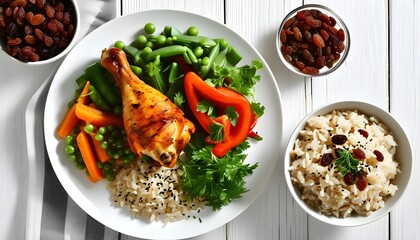 Wall Mural - Savory Baked Chicken Drumsticks with Colorful Brown Rice Pilaf and Raisins Arranged on a White Platter on a Rustic Wooden Table