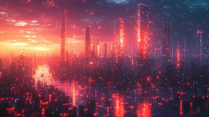 Wall Mural - Futuristic Cityscape with Neon Lights at Sunset