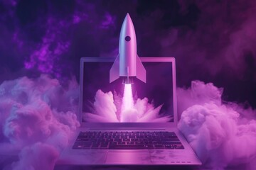 Aufkleber - A laptop computer sits on a cloud-filled desk, perfect for remote work or creative inspiration