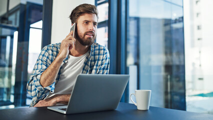 Leinwandbilder - Phone call, laptop and creative man in conversation, networking or consulting for project communication. Smartphone, software designer or office consultant talking for freelance web planning