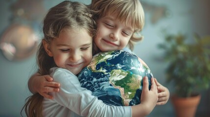 Leinwandbilder - Children holding hands around the world globe, representing friendship and unity