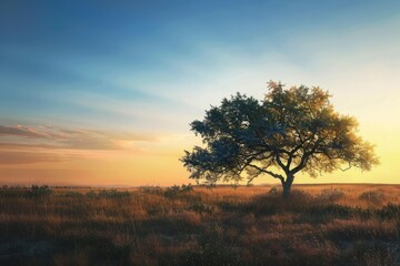 Poster - A single tree stands alone in a field at sunset