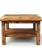 Poster - A sleek and modern 3D rendered image of a minimalist wooden coffee table with a lower shelf isolated against a clean white background for a contemporary elegant design aesthetic