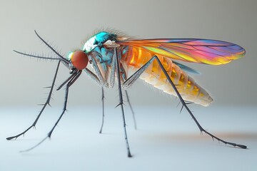 hyperrealistic 3d render of mosquito iridescent wings compound eyes proboscis detail dramatic lighting on white background