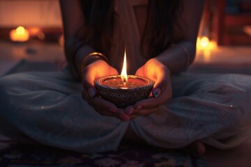 Poster - A woman holds a lit candle in her hand