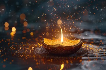 Poster - A single lit candle sits on top of a table, providing warm light