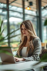 Wall Mural - A woman sits at a table with a laptop, focused on her work