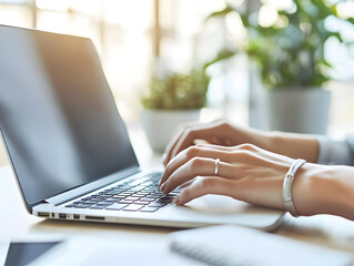 Professional typing on a laptop at a simple office desk.


