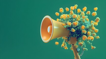 Poster - A striking 3D digital depicting a megaphone covered in luminous glow in the dark fungi against a vibrant green background creating a surreal and captivating visual
