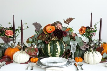 Poster - A table setting with pumpkins, flowers, and candles, perfect for fall or Halloween-themed events