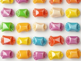 Poster - A visually striking 3D rendered image showcasing an arrangement of various colorful candy wrappers neatly displayed in rows against a clean white background  creating a modern  minimalist