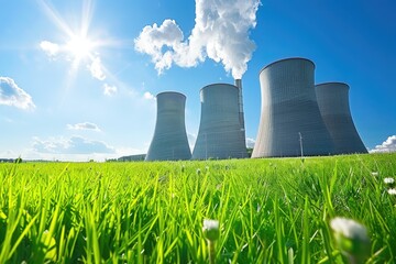 Aufkleber - Three cooling towers standing in a lush green field