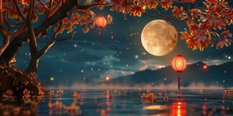 Poster - A serene scene of a full moon rising above a calm lake, surrounded by lanterns