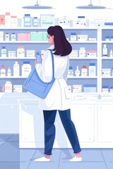 Poster - A woman in a white coat stands behind the counter of a pharmacy shop, surrounded by medicine and medical equipment