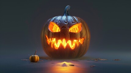 Poster - A carved Halloween pumpkin with glowing eyes and teeth, perfect for spooky decorations or editorial use
