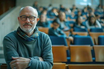 Poster - A student sits at a desk in a lecture hall, wearing glasses and a scarf, focused on taking notes