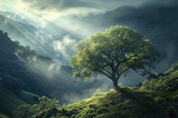 Poster - A single tree stands alone on a green hillside, suitable for outdoor or nature-themed contexts