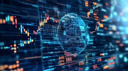 Poster - Abstract visual of circuits and market numbers seamlessly merging representing the convergence of intelligence and financial decision making  A conceptual of the future of technology driven finance