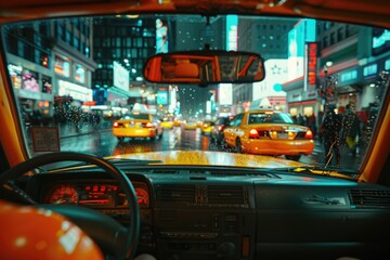 Poster - A taxi cab drives through the rain-soaked streets of a city