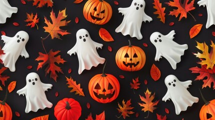 Poster - A spooky scene with a group of white ghosts and pumpkins on a black background, perfect for Halloween or horror-themed projects