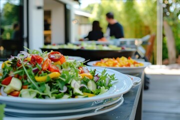 A plate of salad on a table with people in the background, great for food or social scene stock photos