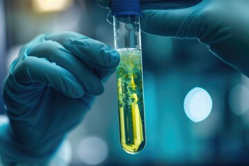 Poster - A person holding a test tube filled with liquid, suitable for science and laboratory scenes