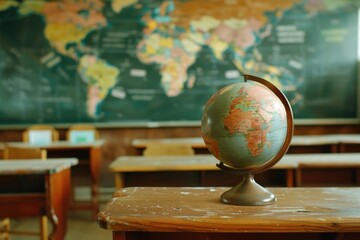 Poster - A globe sitting on a wooden table with a simple and elegant design