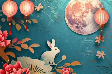 Aufkleber - A rabbit surrounded by flowers under the light of a full moon