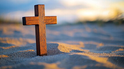 A minimalistic wooden Christian cross stands upright in soft sand, symbolizing faith and serenity against beautiful sunset backdrop. warm tones evoke sense of peace and reflection