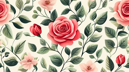 Wall Mural - Seamless pattern with flowers and leaves. hand drawn background. floral pattern for wallpaper or fabric. flower rose. botanic tile. Floral Pattern. Illustration