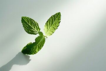 Poster - A single green leaf sitting on a white surface, isolated and calm