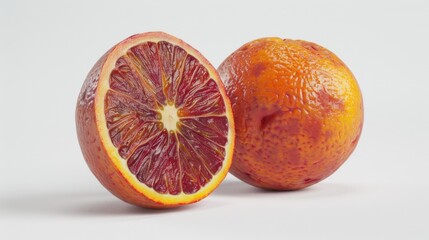 Sticker - A vibrant blood orange sliced in half on a clean white surface, perfect for still life photography or cooking demonstrations