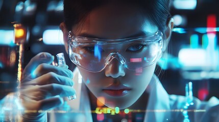 Poster - A female scientist in a lab coat and safety glasses examines a glass vial.