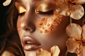 Canvas Print - A close-up shot of a woman's face with floral ornaments