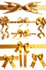 Poster - A collection of golden ribbon bows on a white surface, perfect for gift wrapping or crafting