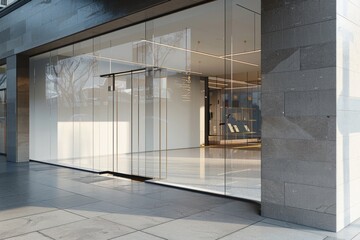 Poster - A modern building with a large glass door on the outside, suitable for use in architecture or design concepts