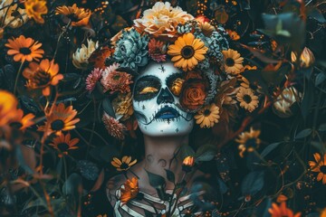 Poster - A woman with a unique, skeleton-like face decorates her hair with colorful flowers