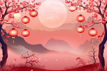 Poster - A serene landscape with a full moon and red lanterns, ideal for use in scenes about peaceful nights or mystical atmospheres
